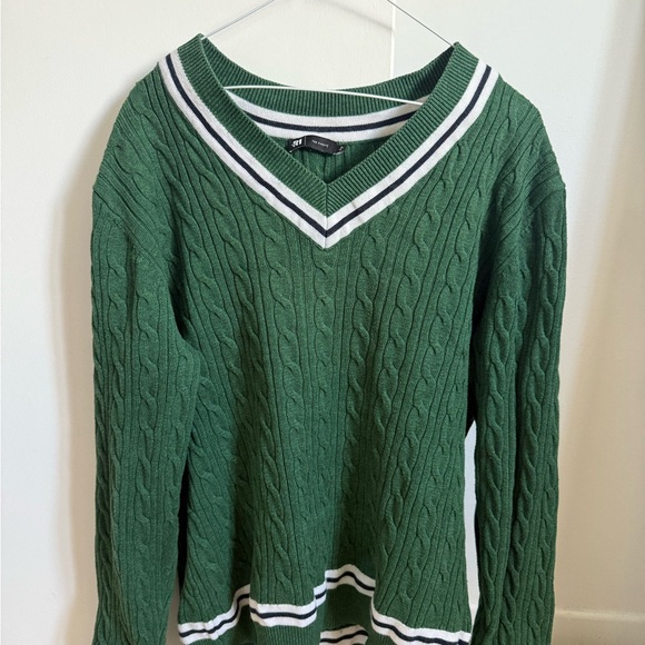 Simons Other - Simons Green Cable Knit V-Neck Sweater with White and Navy Stripe Trim